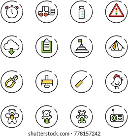 line vector icon set - alarm clock vector, fork loader, vial, traffic light road sign, download cloud, clipboard, pyramid flag, tent, side cutters, milling cutter, awl, chicken toy, bear, radio