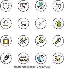 line vector icon set - alarm clock vector, phone, heart care, money bag, uplooad, cart, key, arrow up, pennant, wrench hammer, beanbag, car, basketball, soother