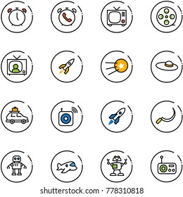 line vector icon set - alarm clock vector, phone, tv, film coil, news, rocket, first satellite, woman hat, car baggage, wireless speaker, sickle, robot, plane toy, radio