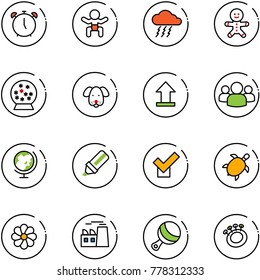 line vector icon set - alarm clock vector, baby, storm, cake man, snowball, dog, uplooad, group, globe, highlight marker, check, sea turtle, flower, plant, beanbag