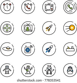 line vector icon set - alarm clock vector, phone, tv, horn, film coil, news, rocket, first satellite, woman hat, wireless speaker, jointer, robot, russian doll