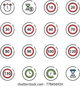 line vector icon set - alarm clock vector, account history, speed limit 10 road sign, 20, 30, 40, 60, 70, 80, 90, 100, 120, 130, time, around, sand