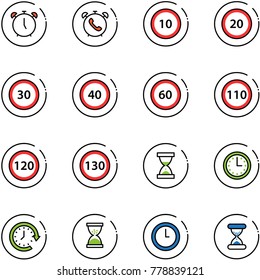 line vector icon set - alarm clock vector, phone, speed limit 10 road sign, 20, 30, 40, 60, 110, 120, 130, sand, time, around