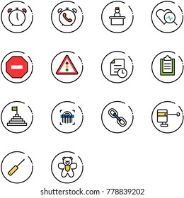 line vector icon set - alarm clock vector, phone, recieptionist, heart diagnosis, no way road sign, traffic light, history, clipboard, pyramid flag, fingerprint scanner, link, laser lever, awl