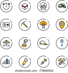 line vector icon set - alarm clock vector, gift, snowball house, cash, credit card, rock axe, cloud ladder, atm map pin, outdoor cafe, palm, cap, laser, chart, wrench, nail dowel, hammer