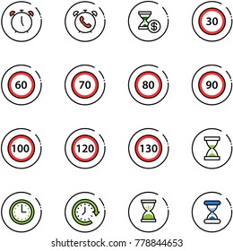 line vector icon set - alarm clock vector, phone, account history, speed limit 30 road sign, 60, 70, 80, 90, 100, 120, 130, sand, time, around