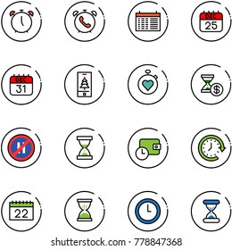 line vector icon set - alarm clock vector, phone, schedule, 25 dec calendar, 31, christmas mobile, stopwatch heart, account history, no parking even road sign, sand, wallet time, around