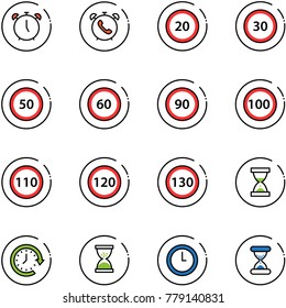 line vector icon set - alarm clock vector, phone, speed limit 20 road sign, 30, 50, 60, 90, 100, 110, 120, 130, sand, around