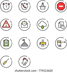 line vector icon set - alarm clock vector, phone, recieptionist, no way road sign, traffic light, opened mail, download cloud, history, clipboard, pyramid flag, milling cutter, laser lever, awl