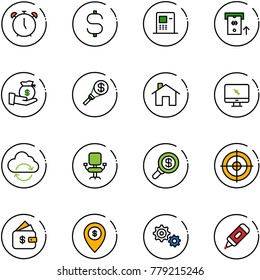 line vector icon set - alarm clock vector, dollar sign, atm, investment, money torch, home, monitor cursor, refresh cloud, office chair, search, target, finance management, map pin, gear, marker