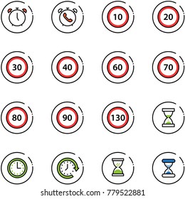 line vector icon set - alarm clock vector, phone, speed limit 10 road sign, 20, 30, 40, 60, 70, 80, 90, 130, sand, time, around