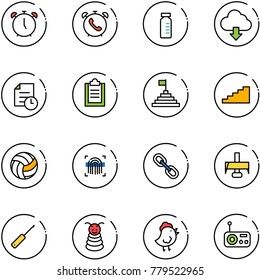 line vector icon set - alarm clock vector, phone, vial, download cloud, history, clipboard, pyramid flag, stairs, volleyball, fingerprint scanner, link, milling cutter, awl, toy, chicken, radio