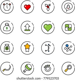 line vector icon set - alarm clock vector, heart, holly, merry christmas message, money bag, uplooad, puzzle, star medal, bezier, molecule, sickle, beanbag