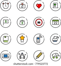 line vector icon set - alarm clock vector, terrorism, heart, atm, dollar flag, purse, no car road sign, calendar, book, star medal, mobile phone, printer wireless, game console, robot, pencil