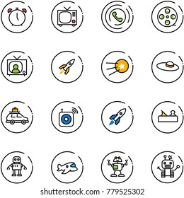 line vector icon set - alarm clock vector, tv, phone horn, film coil, news, rocket, first satellite, woman hat, car baggage, wireless speaker, jointer, robot, plane toy