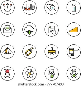 line vector icon set - alarm clock vector, fork loader, heart diagnosis, vial, opened mail, download cloud, history, stairs, tent, side cutters, milling cutter, laser lever, pyramid toy, bear