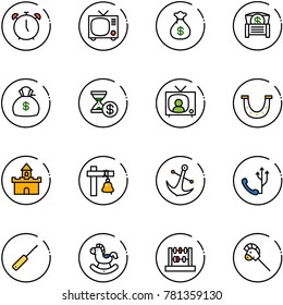 line vector icon set - alarm clock vector, tv, money bag, chest, account history, news, luck, sand fort, ship bell, anchor, phone, awl, rocking horse, abacus, stick toy