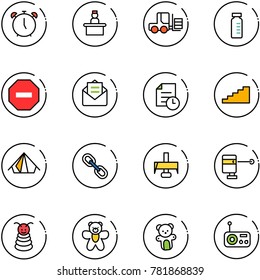 line vector icon set - alarm clock vector, recieptionist, fork loader, vial, no way road sign, opened mail, history, stairs, tent, link, milling cutter, laser lever, pyramid toy, bear, radio