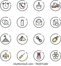 line vector icon set - alarm clock vector, phone, recieptionist, fork loader, heart diagnosis, vial, opened mail, history, pyramid flag, tent, link, side cutters, milling cutter, awl, toy, bear