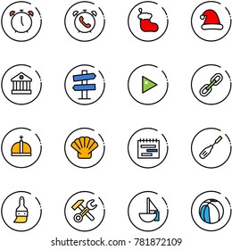 line vector icon set - alarm clock vector, phone, christmas sock, hat, bank, road signpost sign, play, link, crown, shell, terms plan, chisel, brush, wrench hammer, sailboat toy, basketball