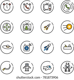 line vector icon set - alarm clock vector, phone, tv, horn, film coil, news, rocket, first satellite, woman hat, wireless speaker, jointer, sickle, robot, plane toy