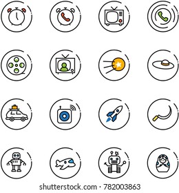 line vector icon set - alarm clock vector, phone, tv, horn, film coil, news, first satellite, woman hat, car baggage, wireless speaker, rocket, sickle, robot, plane toy, russian doll