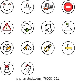 line vector icon set - alarm clock vector, recieptionist, fork loader, no way road sign, traffic light, download cloud, history, pyramid flag, volleyball, tent, side cutters, milling cutter, toy