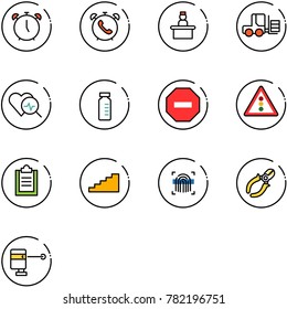 line vector icon set - alarm clock vector, phone, recieptionist, fork loader, heart diagnosis, vial, no way road sign, traffic light, clipboard, stairs, fingerprint scanner, side cutters
