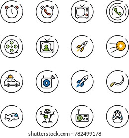 line vector icon set - alarm clock vector, phone, tv, horn, film coil, news, rocket, first satellite, car baggage, wireless speaker, sickle, plane toy, robot, radio, russian doll