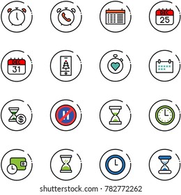 line vector icon set - alarm clock vector, phone, schedule, 25 dec calendar, 31, christmas mobile, stopwatch heart, account history, no parking even road sign, sand, time, wallet