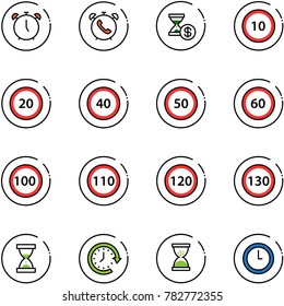 line vector icon set - alarm clock vector, phone, account history, speed limit 10 road sign, 20, 40, 50, 60, 100, 110, 120, 130, sand, around