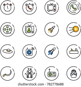 line vector icon set - alarm clock vector, phone, tv, horn, film coil, news, rocket, first satellite, woman hat, wireless speaker, jointer, sickle, robot, radio, russian doll