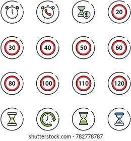 line vector icon set - alarm clock vector, phone, account history, speed limit 20 road sign, 30, 40, 50, 60, 80, 100, 110, 120, sand, around