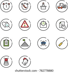 line vector icon set - alarm clock vector, phone, recieptionist, fork loader, heart diagnosis, traffic light road sign, opened mail, history, clipboard, pyramid flag, fingerprint scanner, awl, toy