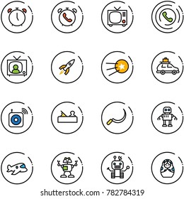 line vector icon set - alarm clock vector, phone, tv, horn, news, rocket, first satellite, car baggage, wireless speaker, jointer, sickle, robot, plane toy, russian doll
