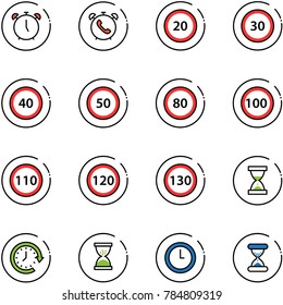 line vector icon set - alarm clock vector, phone, speed limit 20 road sign, 30, 40, 50, 80, 100, 110, 120, 130, sand, around