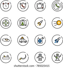 line vector icon set - alarm clock vector, phone, tv, horn, film coil, news, rocket, first satellite, woman hat, car baggage, wireless speaker, jointer, sickle, robot