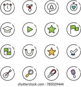 line vector icon set - alarm clock vector, holly, merry christmas message, stopwatch heart, graduate hat, play, star, flag, puzzle, luck, starfish, check, guitar, beanbag