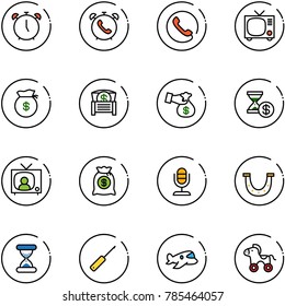 line vector icon set - alarm clock vector, phone, tv, money bag, chest, encashment, account history, news, microphone, luck, sand, awl, plane toy, wheel horse