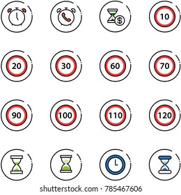 line vector icon set - alarm clock vector, phone, account history, speed limit 10 road sign, 20, 30, 60, 70, 90, 100, 110, 120, sand