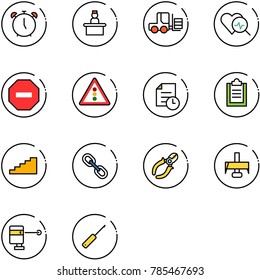 line vector icon set - alarm clock vector, recieptionist, fork loader, heart diagnosis, no way road sign, traffic light, history, clipboard, stairs, link, side cutters, milling cutter, laser lever
