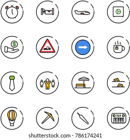 line vector icon set - alarm clock vector, hotel, small plane, safe, investment, car crash road sign, only right, hot tea, tie, team leader, inflatable pool, flip flops, air balloon, axe, forceps