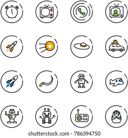 line vector icon set - alarm clock vector, tv, phone horn, news, rocket, first satellite, woman hat, car baggage, sickle, robot, plane toy, radio, russian doll