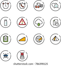 line vector icon set - alarm clock vector, phone, fork loader, heart diagnosis, vial, traffic light road sign, download cloud, history, clipboard, stairs, volleyball, tent, fingerprint scanner
