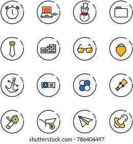 line vector icon set - alarm clock vector, netabook connect, snowman, folder, tie, brick wall, sunglasses, strawberry, anchor, projector, atom core, dowel, Angular grinder, wheelbarrow, paper plane