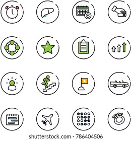 line vector icon set - alarm clock vector, liver, calendar, card pay, friends, star, clipboard, arrows up, idea, career, flag, cabrio, terms plan, plane, circuit, beanbag