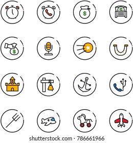 line vector icon set - alarm clock vector, phone, money bag, chest, encashment, microphone, first satellite, luck, sand fort, ship bell, anchor, farm fork, plane toy, wheel horse