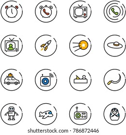 line vector icon set - alarm clock vector, phone, tv, horn, news, rocket, first satellite, woman hat, car baggage, wireless speaker, jointer, sickle, robot, plane toy, radio, russian doll