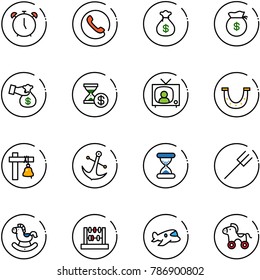 line vector icon set - alarm clock vector, phone, money bag, encashment, account history, tv news, luck, ship bell, anchor, sand, farm fork, rocking horse, abacus, plane toy, wheel