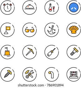 line vector icon set - alarm clock vector, client bell, wine, detour road sign, flag, sunglasses, anchor, shell, sand castle, axe, screwdriver, bolt, screw, wrench hammer, allen key, abacus